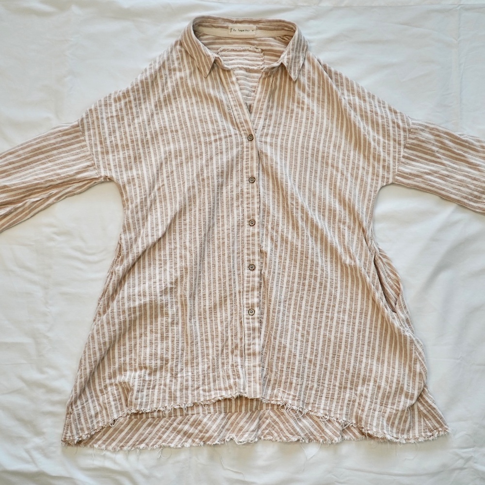 By Together Creme and White Striped button down fringe shirt